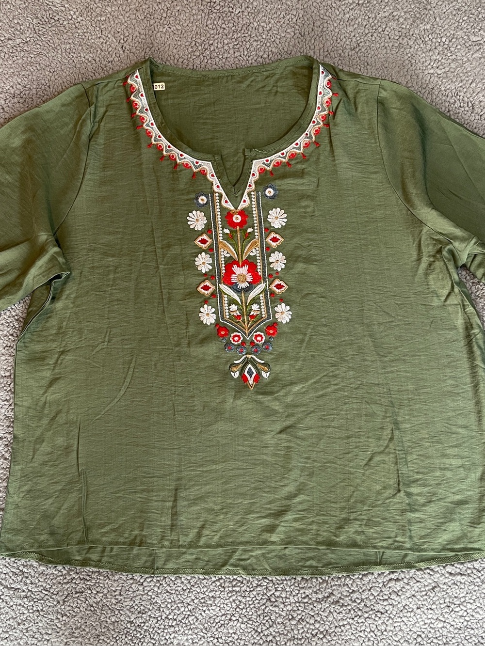 Embroidered Olive V-Neck Tunic Top